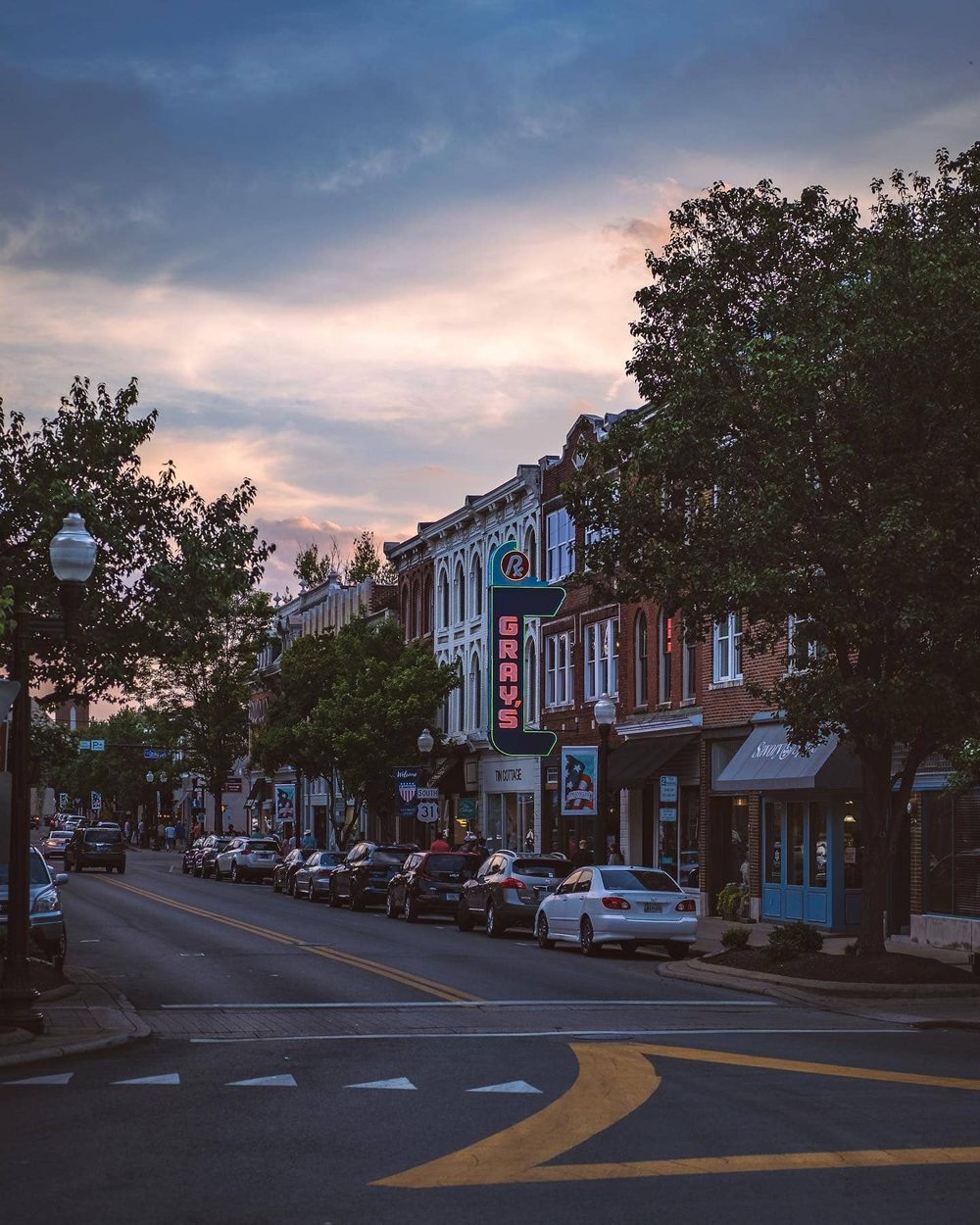 Main Street in downtown Franklin, Tennessee at dusk