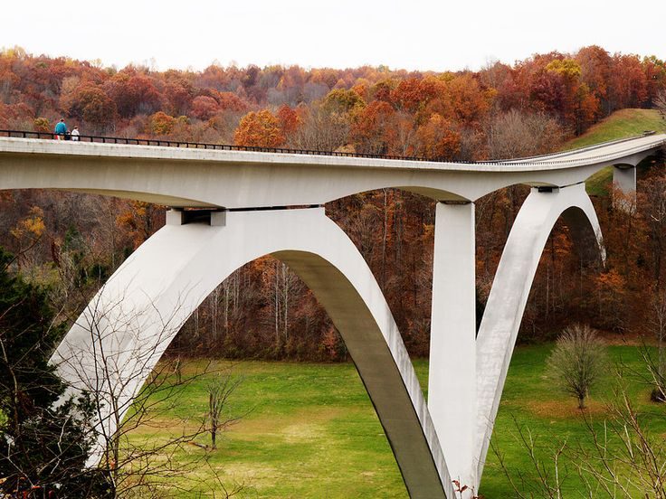 Natchez Trace Parkway double-arch bridge in fall, near Franklin