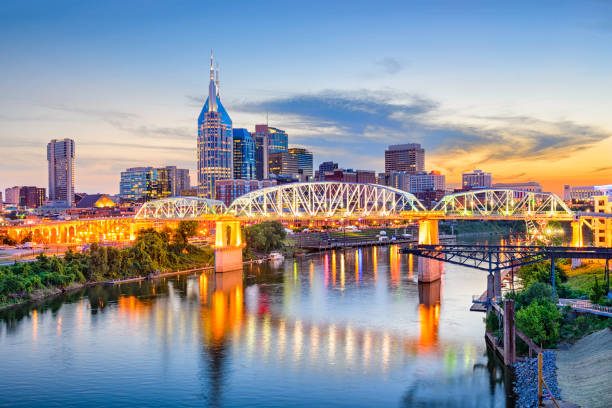 Nashville skyline and the Shelby Street pedestrian bridge at dusk